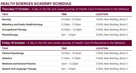 speaker schedule Health Sciences Academy Open Days UL 