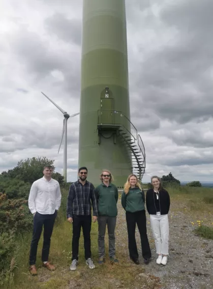 group of people at wind turbine