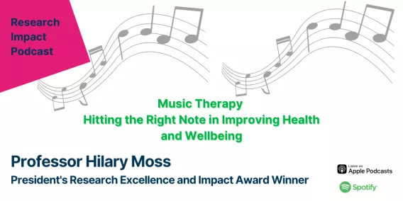 Poster for the Music Therapy podcast showing musical symbols in the background