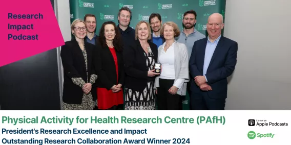 Poster for the Physical Activity for Health Research Centre (PAfH), Outstanding Research Collaboration award winners 2024 podcast showing the winners receiving their award 