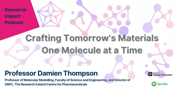 Poster for podcast showing molecules in the background and the title 'Creating Tomorrow's Materials One Molecule At At A Time'