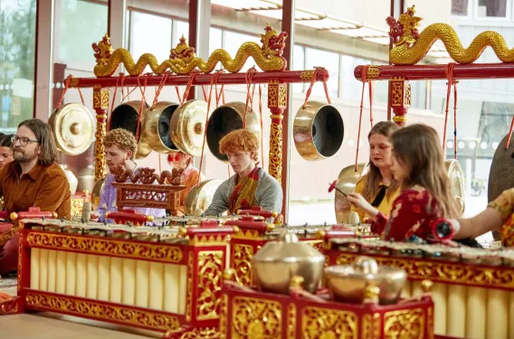 Group of students playing Javanese gamelan