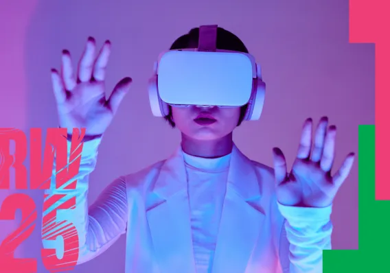 Research Week Poster showing a woman wearing a virtual reality mask with her palms feeling the air 