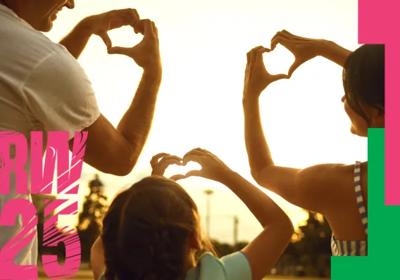 Research Week poster showing three people with their hands in the air making heart symbols