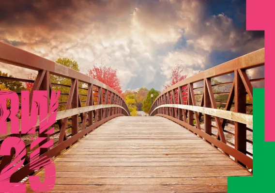 Research Week poster showing a wooden bridge over a stream 