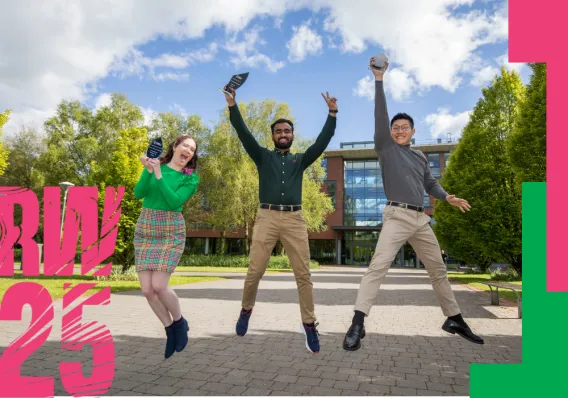 Research Week Poster showing three people jumping in the air celebrating their awards