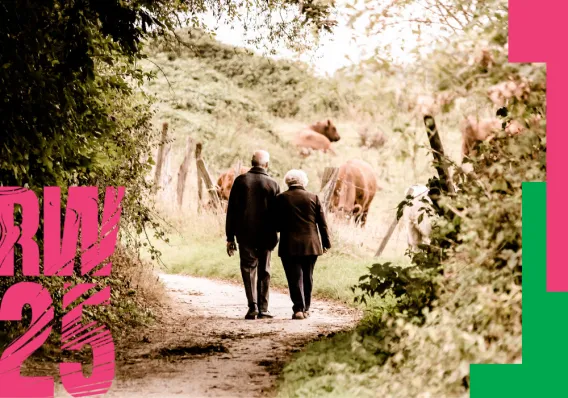 Poster for Research Week showing an older couple walking on a country path together 