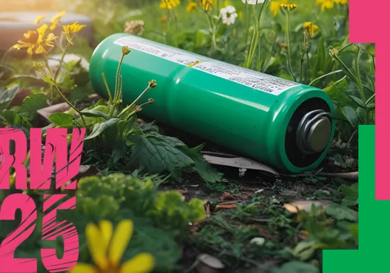 Poster for Research Week showing a green battery sitting on a lawn