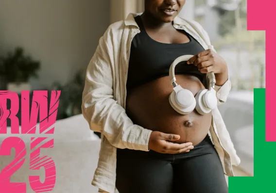 Poster for Research Week showing a pregnant woman holding a pair of headphones to her pregnancy bump