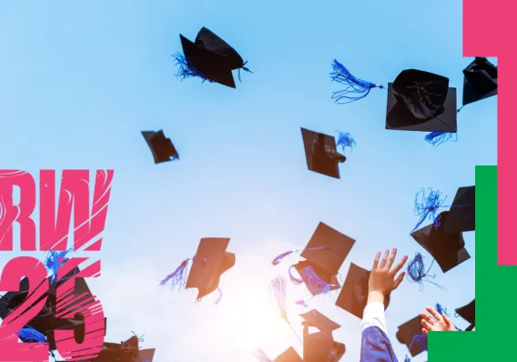 Research Week poster showing caps being thrown in the air at a graduation 