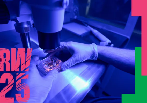 Research Week poster showing a sample being examined under a microscope