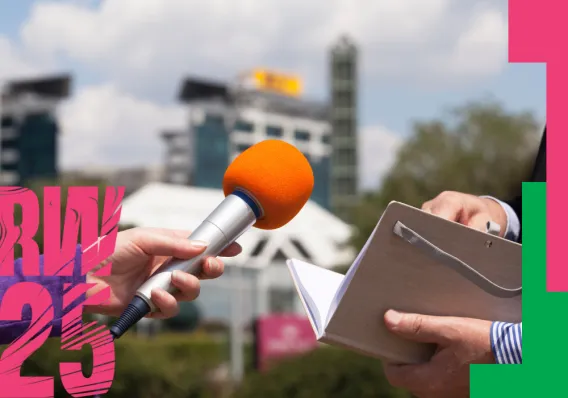 Research Week poster showing a microphone and a notebook being held 