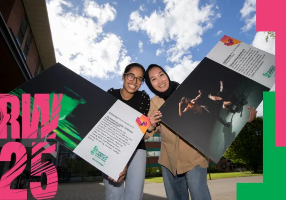 Research Week poster showing two entrants holding up their pictures