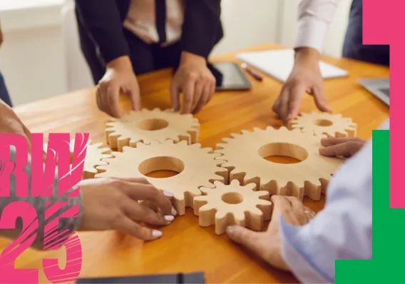 Research Week poster showing hands manipulating wooden cogs on a table