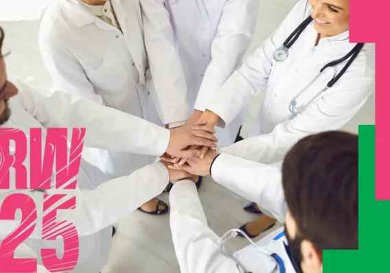 Research Week poster showing a group of people in medical coats reaching in to touch hands 