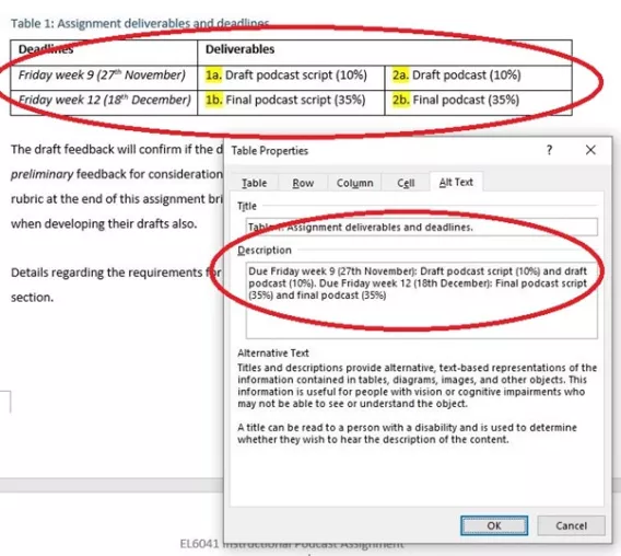 Screenshot showing how to add alternative text to tables in Word