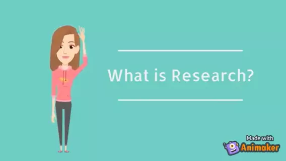 Screenshot from an instructional video on 'What is Research?' depicting a woman waving at the viewer