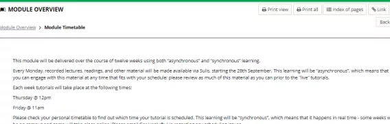 Screenshot of the Module Timetable tab available within the Module Overview section.