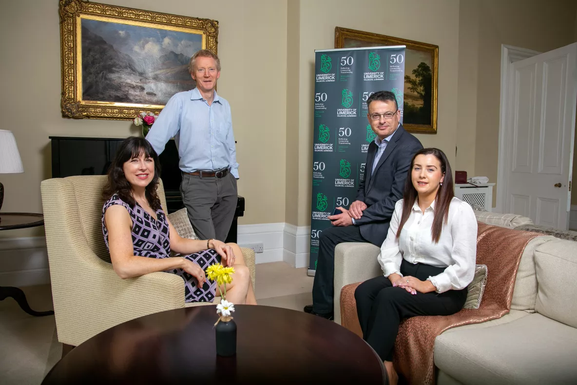 A picture of a group at the Fiserv Scholarship announcement in UL's Plassey House