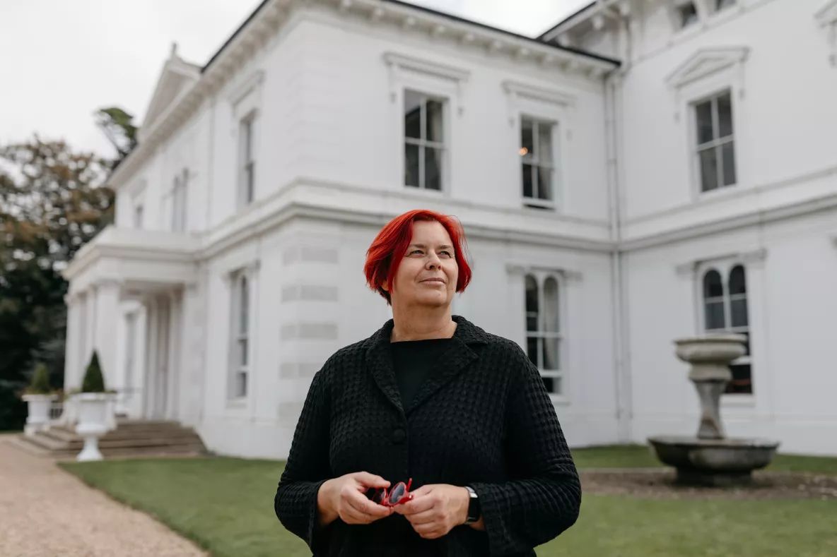 A picture of UL President Professor Kerstin Mey outside Plassey House