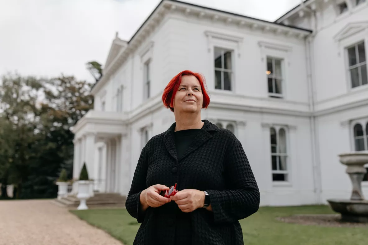 A picture of UL President Professor Kerstin Mey outside Plassey House