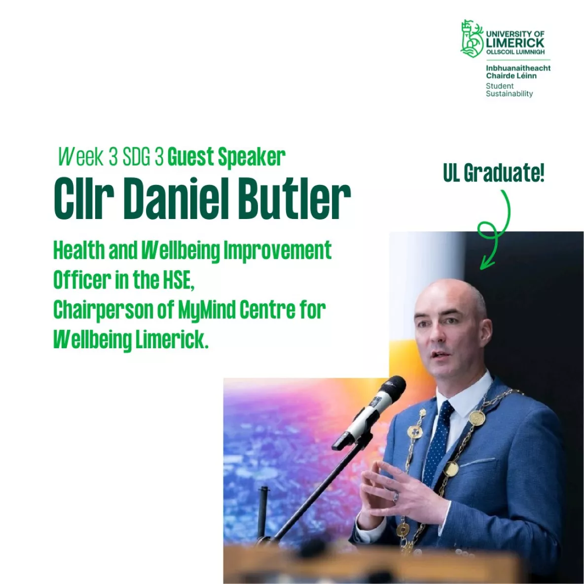 Promotional poster for the SDG 3 conversation series with Cllr Daniel Butler