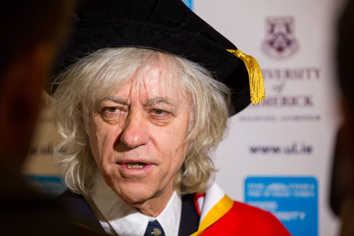 A file image of Sir Bob Geldof in academic robes, speaking to media at UL