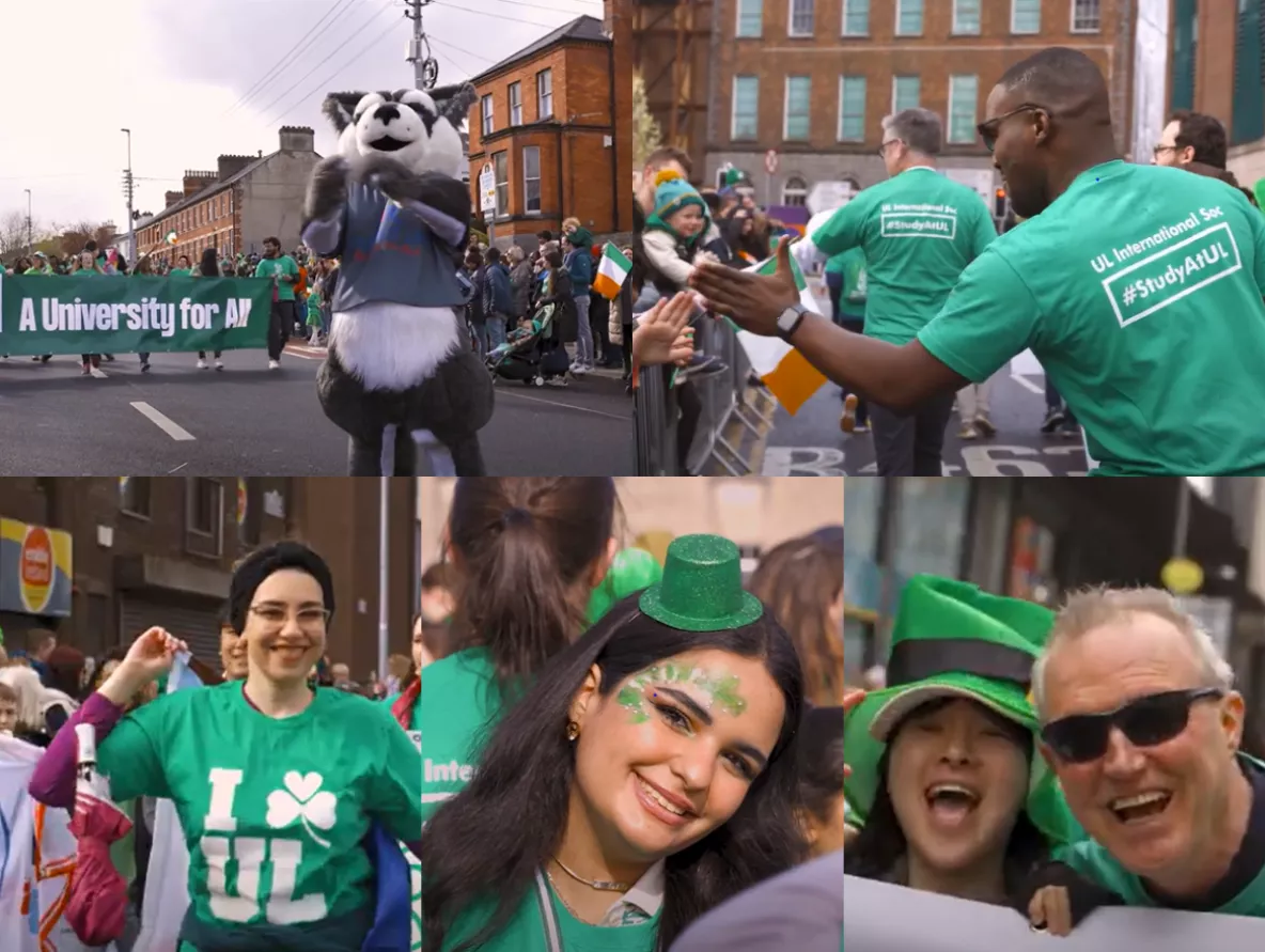 Collage of images of UL participation in 2023 St. Patrick's Day Parade in Limerick