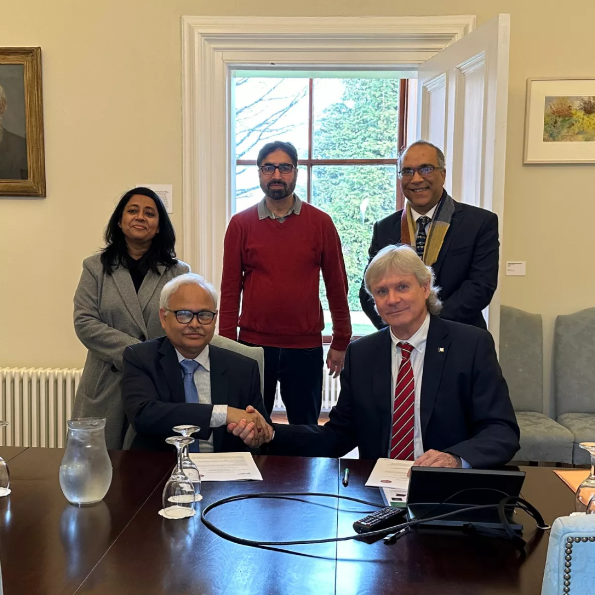 Photo shows (standing left to right): Dr. Fahmida Gulshan, Professor, Department of Materials and Metallurgical Engineering BUET; Dr. Ehtsham Ul Haq, Assistant Professor, Department of Physics, UL; Professor Tofail Syed, Head of the Department of Physics, UL.  Sitting left to right Honourable Vice Chancellor, Professor Satya Prasad Majumder, BUET and Professor Nigel Healey, Vice President, Global and Community Engagement, UL.