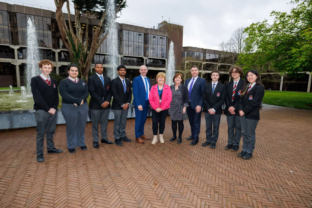 Photo of group of secondary school students visiting UL with their teachers and UL representative