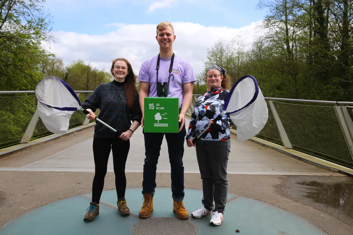 BioBlitz participants Eabha Hughes, Michal Kowierec and Rachel Beck pictured on the Living Bridge at University of Limerick