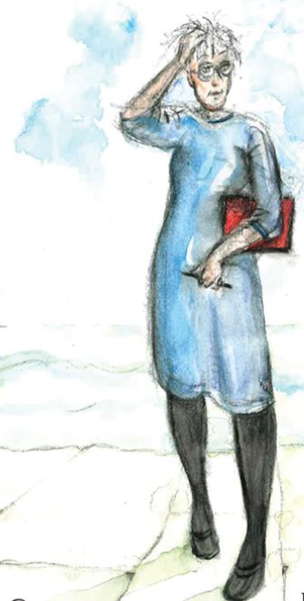 Illustration at the front of the book of a woman wearing a blue dress with a red bag