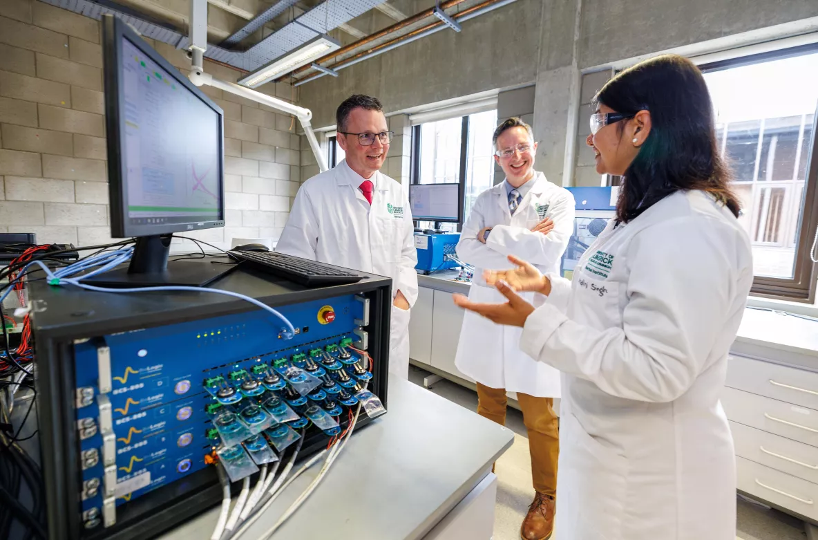 Minister of Further and Higher Education, Research, Innovation and Science Patrick O’Donovan TD and Professor Kevin M Ryan, Director of Bernal Institute and lead investigator of AMPEiRE with Associate Professor Shalini Singh