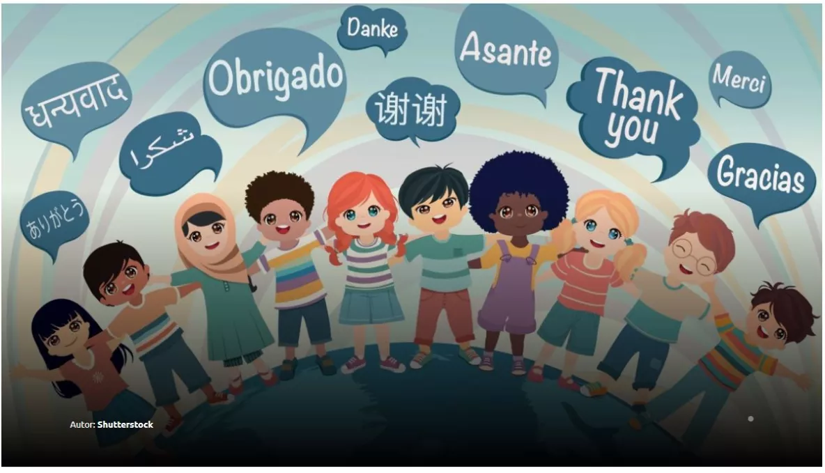 Cartoon of people saying "thank you" in different languages.