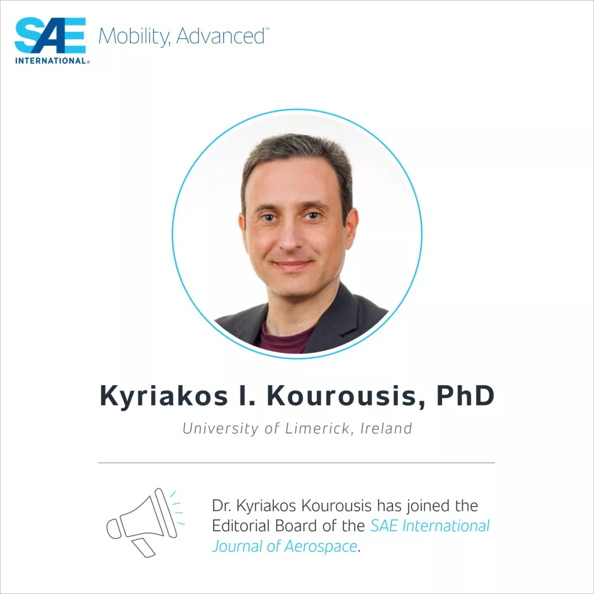 Announcement of Dr Kourousis' appointment as Associate Editor at SAE International Journal of Aerospace