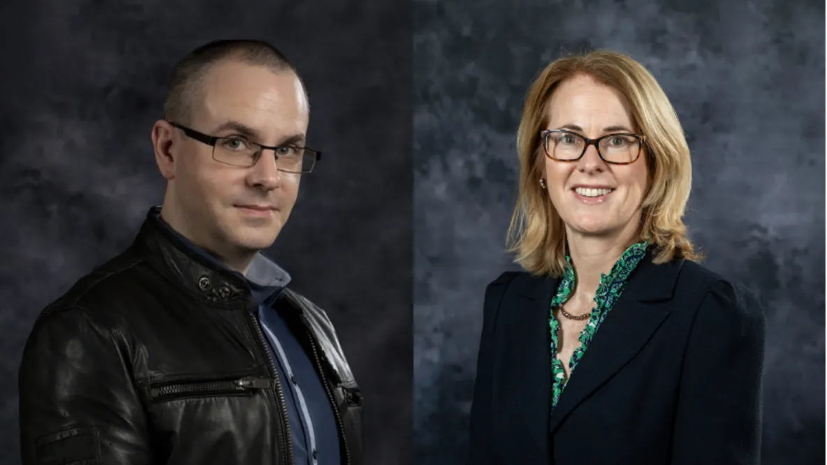 A photo of side-by-side headshots, of a smartly dressed man and woman