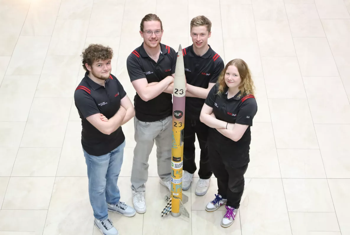 A picture of UL students Jamie Clancy, Jay Looney, Karl Gilmartin and Dervla Gargan with the rocket Airmedh, named after the Irish goddess of healing