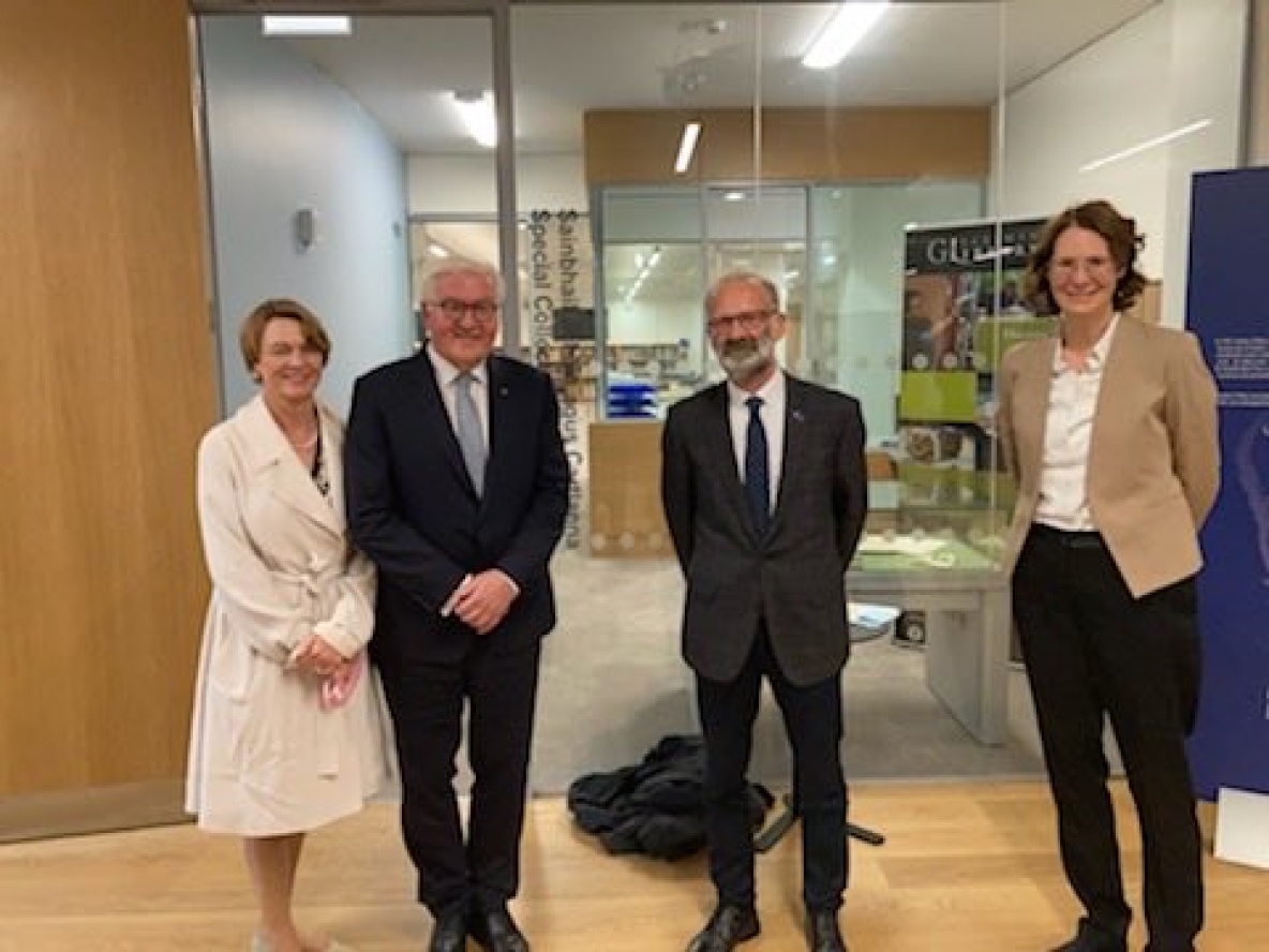 The German President Frank-Walter Steinmeier and his wife Ms. Elke Büdenbender with joint founders of the Centre for Irish-German Studies, Prof Joachim Fischer and Prof Gisela Holfter 