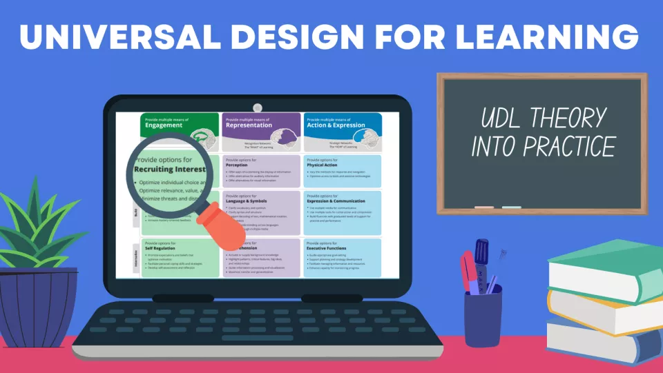 Graphic of a laptop on a desk showing the UDL principles, with the text UDL Theory Into Practice