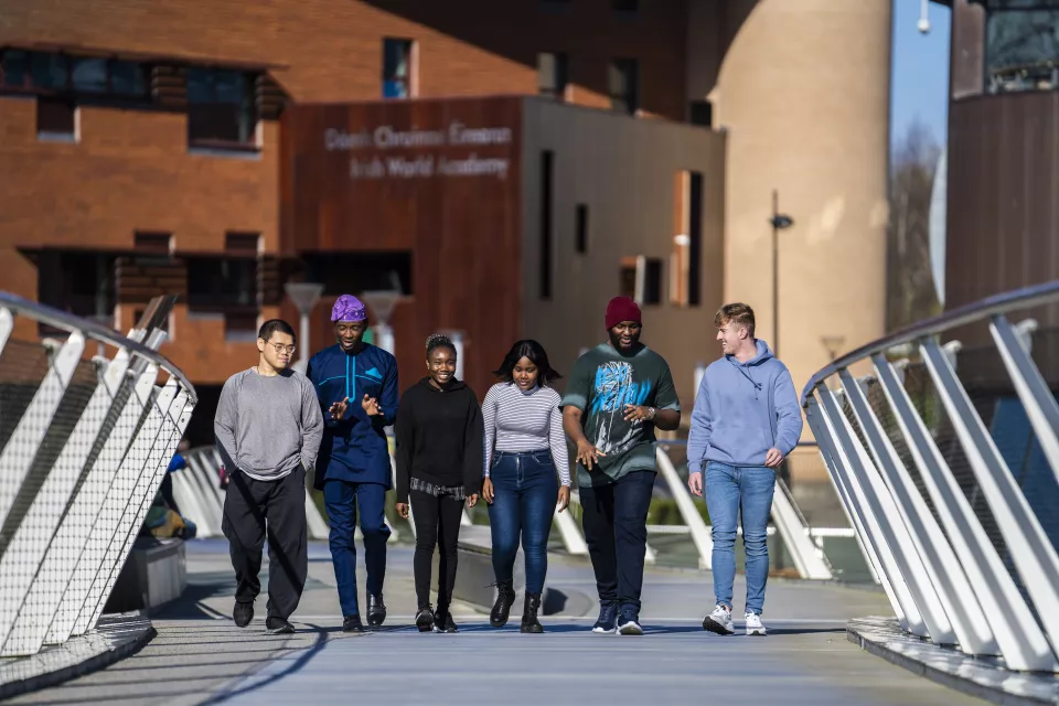 group of students walking across the living bridge