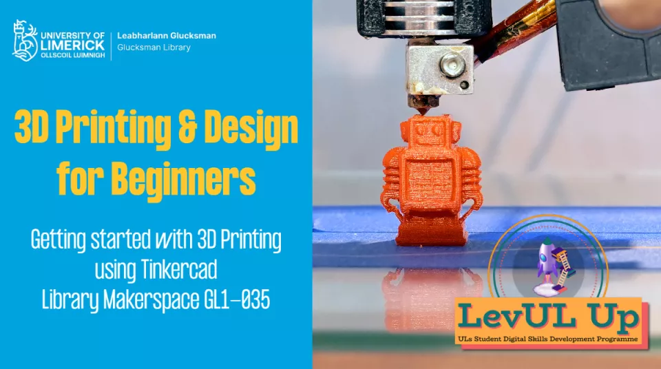 Poster for the Introduction to 3D Printing workshop provided by the Library Makerspace as part of the LevUL Up programme.