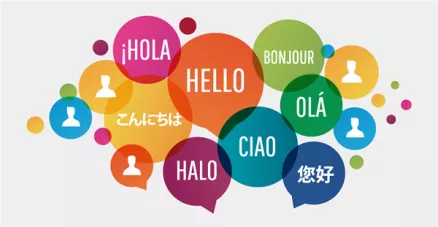 speech bubbles with hello in seven different languages 