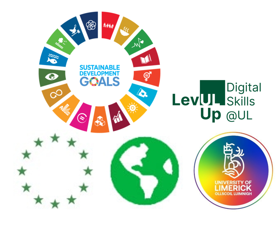 Graphics to symbolise the UN SDGs, and UL's LevUL Up digital skills programme, internationalisation, and EDI sections