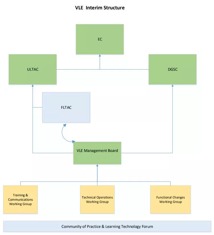 VLE Interim Structure showing how the three working groups (training and communications, technical operations, and functional changes) feed into the VLE Management Board, which in turn feeds into FLTAC and ULTAC and is governed by DGSC and EC. The entire structure is facilitated by the Community of Practice and Learning Technology Forum