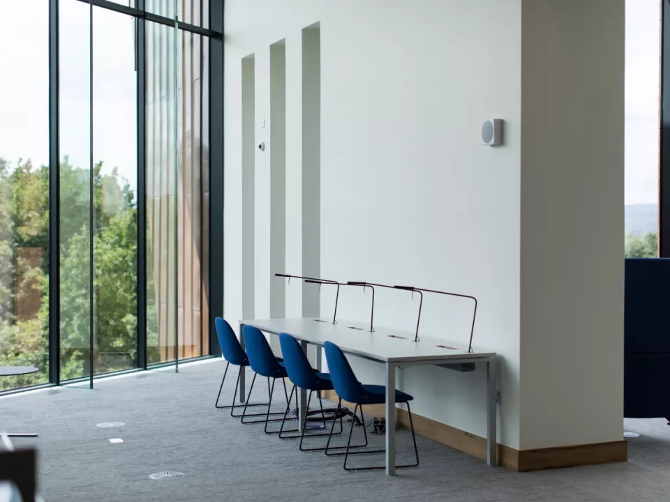 study area in the library with large glass window