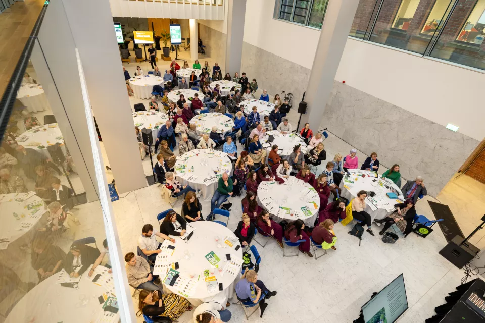 Groups of people sitting at round tables