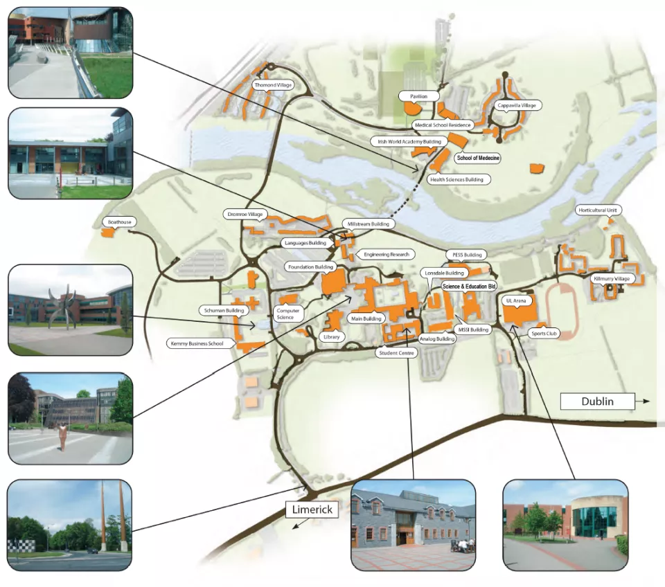 Map of buildings in UL including pictures of key buildings