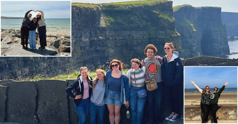 Collage of students at Lahinch, the Cliffs of Moher, and Kilkee