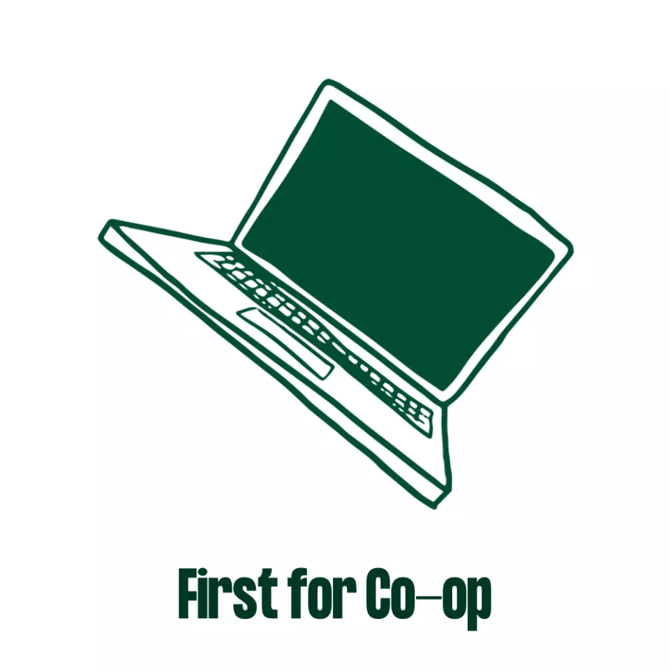 Doodle of laptop with text saying "First for Co-op" underneath