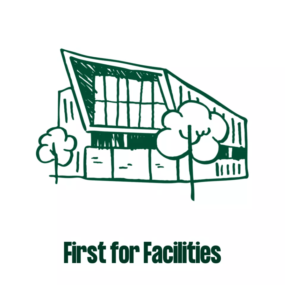 Doodle image of UL Library with the text "First for Facilities" underneath